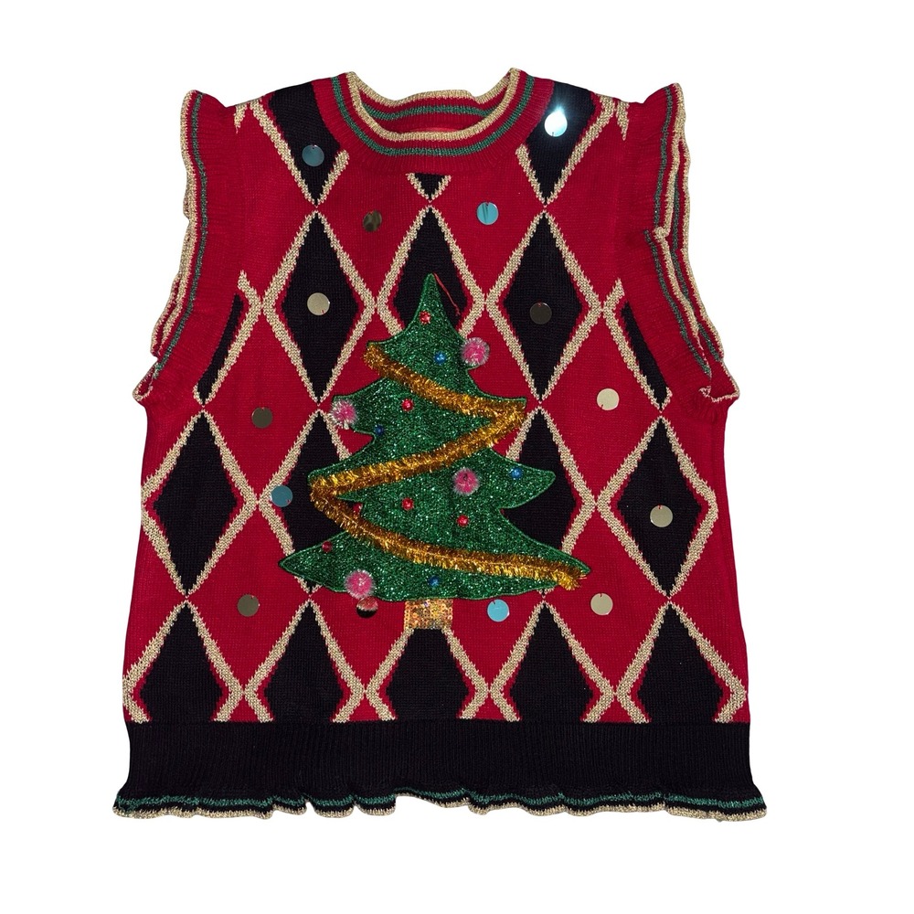 Blizzard Bay Womens Ugly Christmas Tree Sweater Vest Red Argyle Ruffle XL